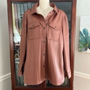 NWT Kensie Faux Leather Button Down Shirt Jacket XL Redwood, Chestnut Brown